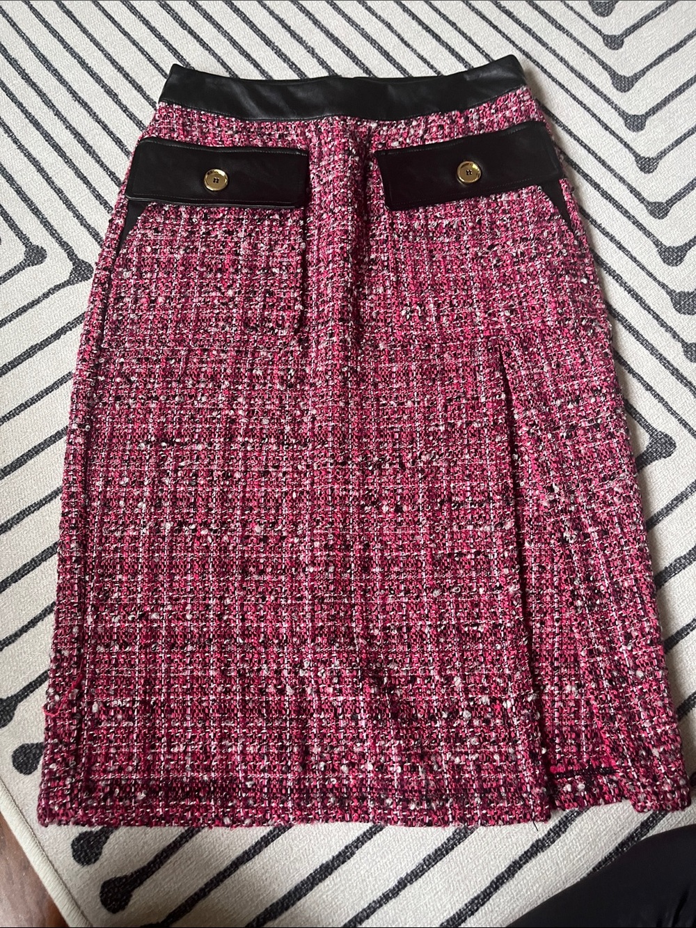 Pinko Pink Tweed Pencil Skirt with Black Leather Trim and Pocket Details